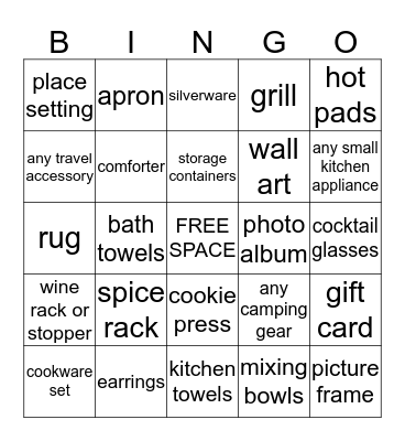 Laura & Kyle's Wedding Gifts Bingo Card