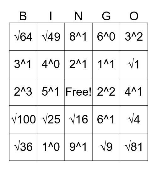 Exponents & Square Roots Bingo Card
