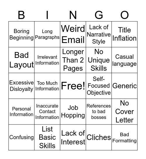 Resume Bingo Card
