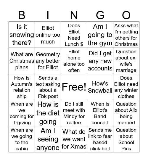 Carol Bingo: Extended Fall Edition Bingo Card