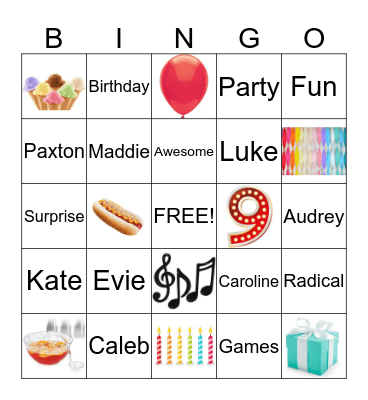 Audrey's 9th Birthday Bingo Card