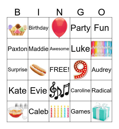 Audrey's 9th Birthday Bingo Card