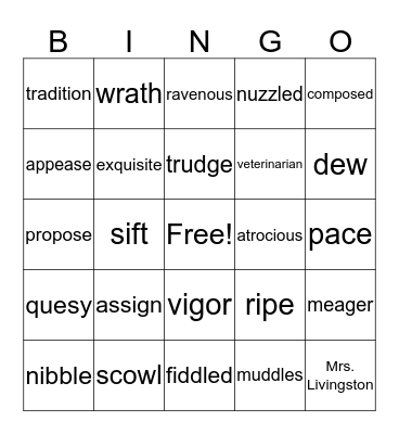 Vocabulary Bingo Card