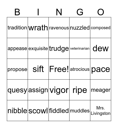 Vocabulary Bingo Card