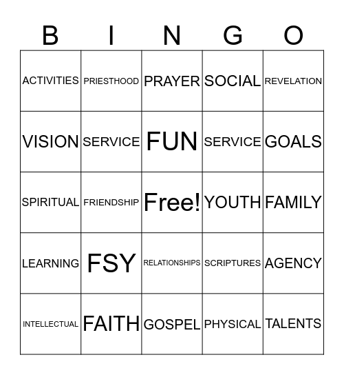 CHILDREN AND YOUTH BINGO Card
