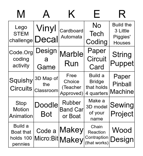 Maker Monday Bingo Card