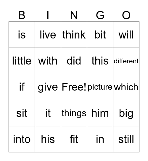 short 'i' list Bingo Card