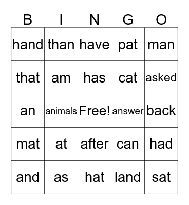 short 'a' list Bingo Card