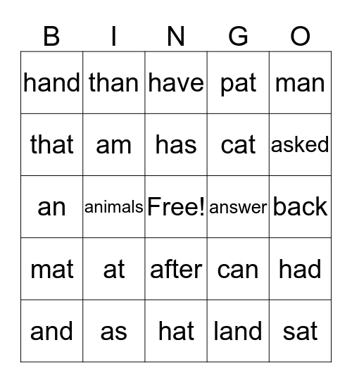 short 'a' list Bingo Card