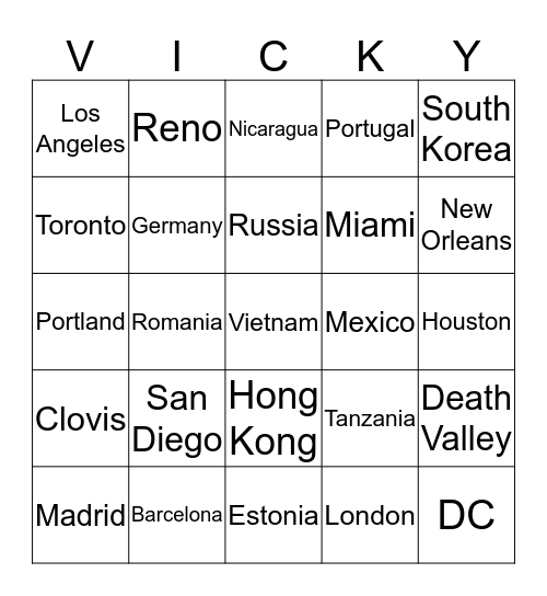 Where in the World is Vicky? Bingo Card