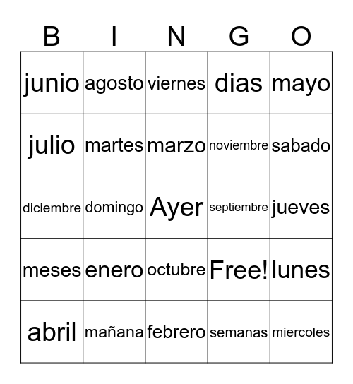 Meses y Dias Bingo Card