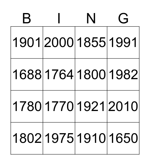 Historical Dates  Bingo Card