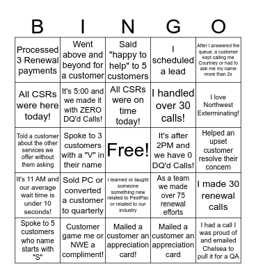 Customer Service Bingo Card