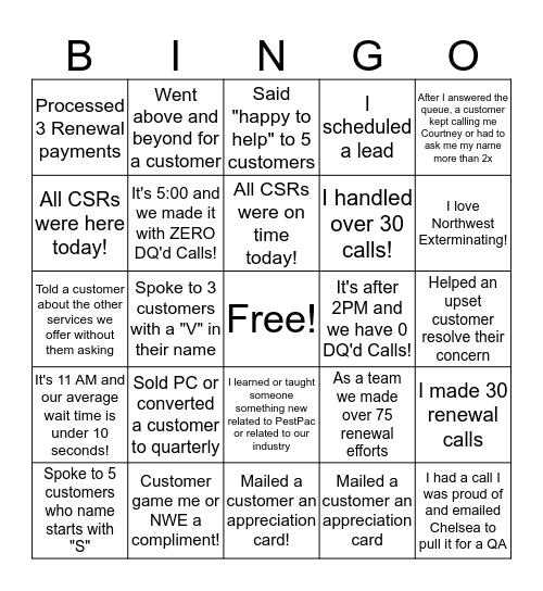 Customer Service Bingo Card