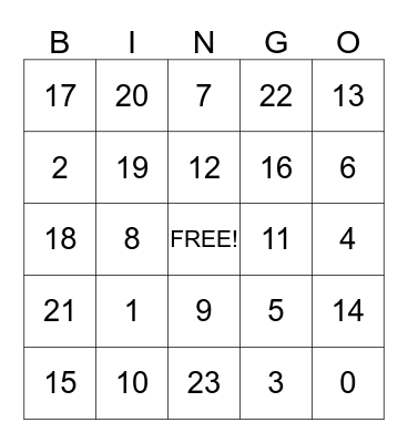 Number Bingo Card
