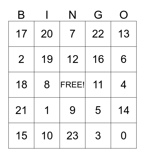 Number Bingo Card