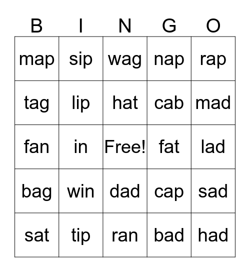 A and I CVC words Bingo Card