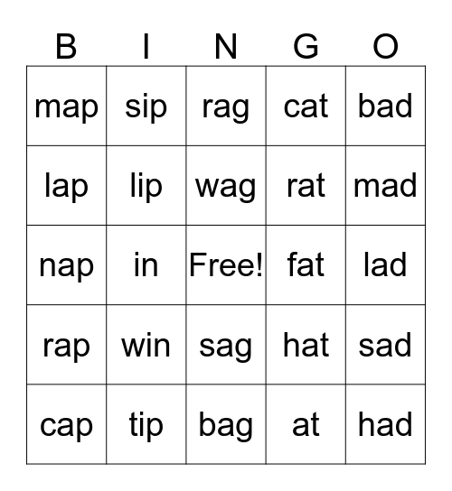 A and I CVC words Bingo Card