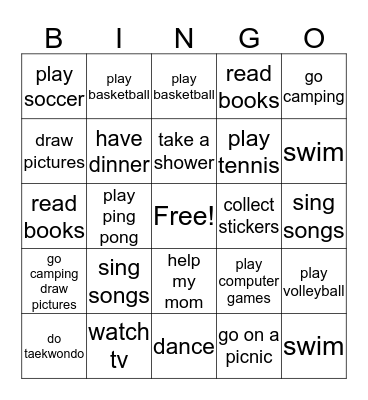 Activities Bingo Card