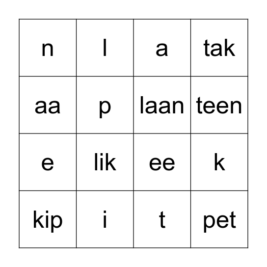 Bingo letters en woorden tot 'aap' Bingo Card