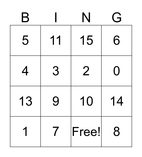 Numeros Bingo Card