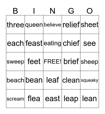 Long e Words Bingo Card