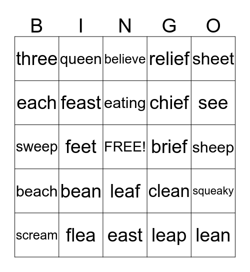 Long e Words Bingo Card