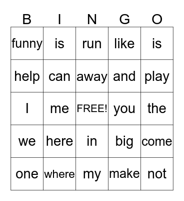 Dolch Word Bingo Card