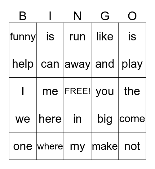 Dolch Word Bingo Card