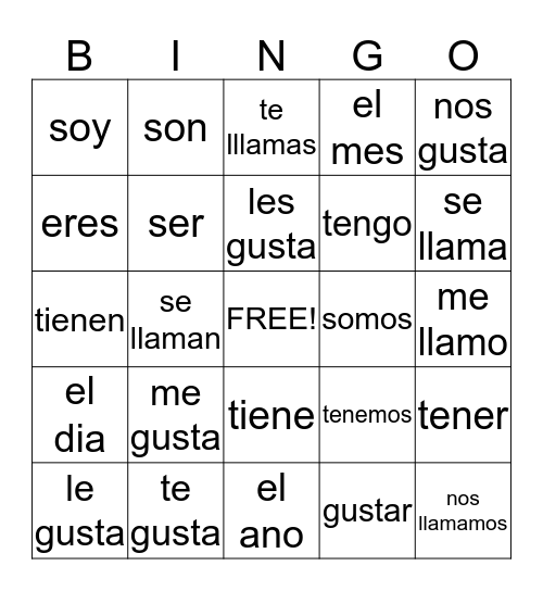 Spanish 1a me gusta Bingo Card