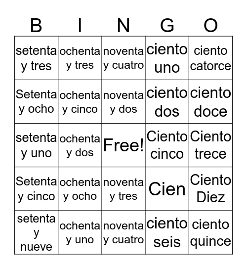 Numeros Bingo Card