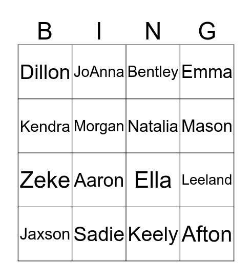 Our Names Bingo Card