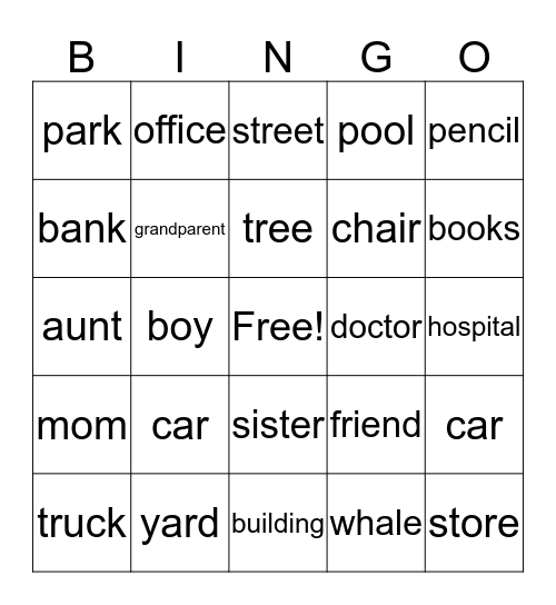 Nouns Bingo Card