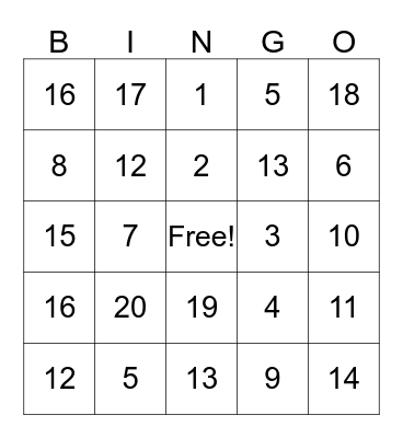 Spanish Numbers Bingo Card
