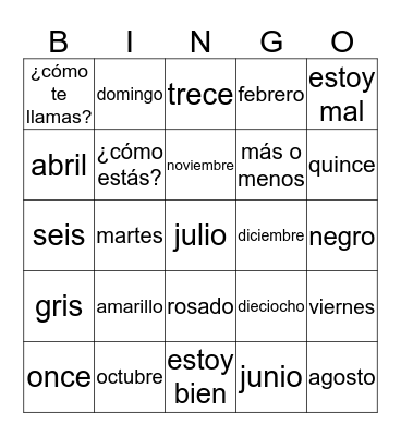 Days, Months, Numbers, Colors & Greetings Bingo Card