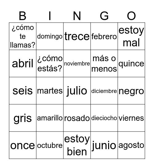 Days, Months, Numbers, Colors & Greetings Bingo Card