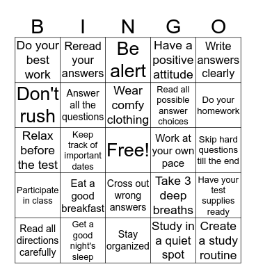 Study Skills Bingo Card