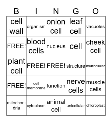 Plant and Animal Cells Bingo Card