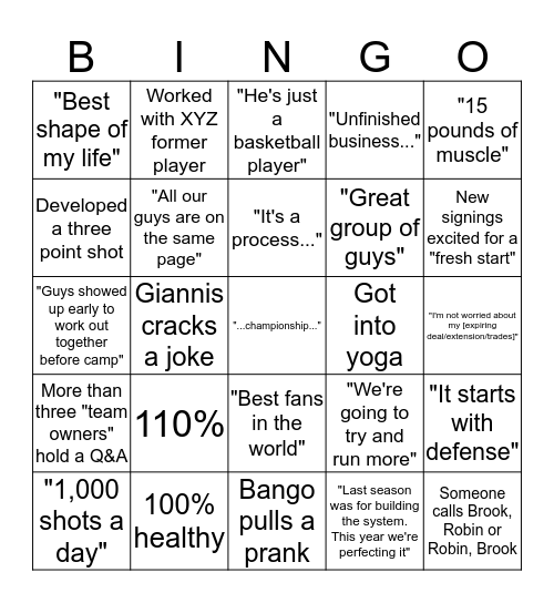 Bucks Media Day Bingo Card