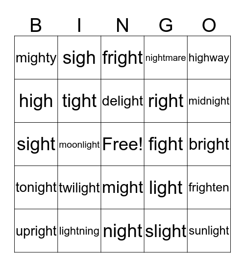 Long Vowels >>> igh = I Bingo Card