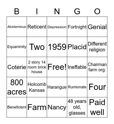 In Cold Blood Vocab 1 and Last to see them alive Bingo Card