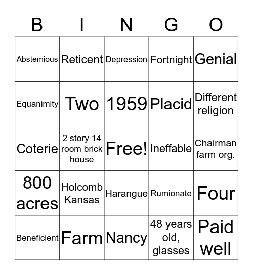 In Cold Blood Vocab 1 and Last to see them alive Bingo Card