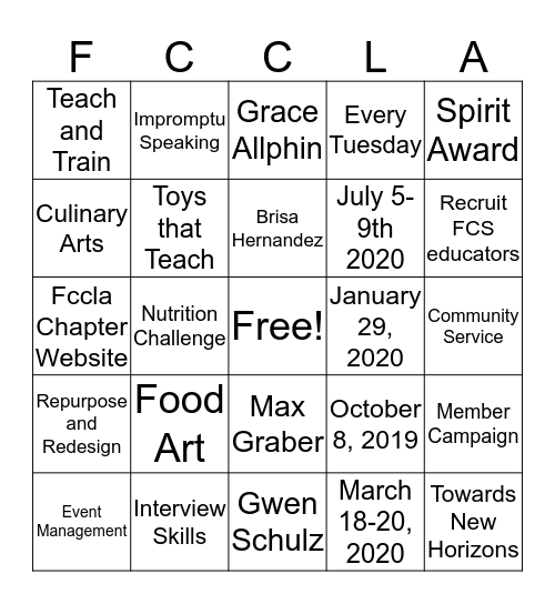 FCCLA Bingo Card