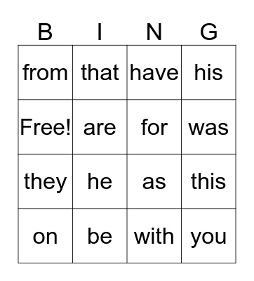 Sight words Bingo Card