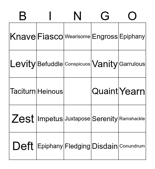 English Bingo Card