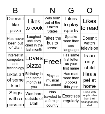 Get to Know You  Bingo Card