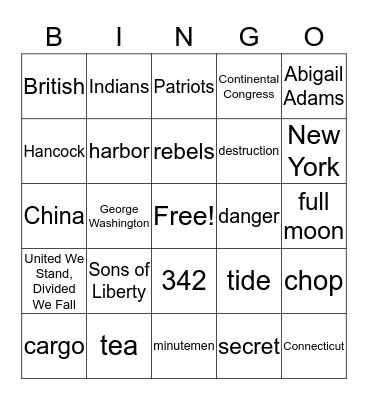 Boston Tea Party Bingo Card