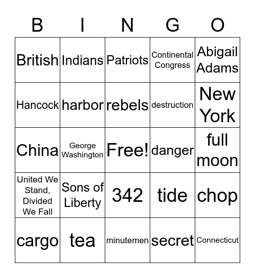 Boston Tea Party Bingo Card