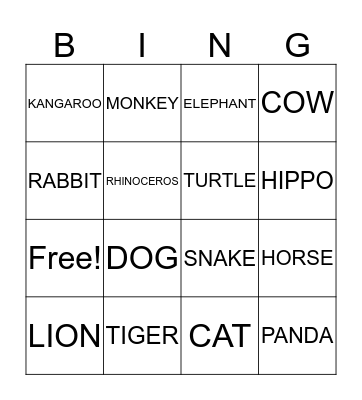 ANIMALS Bingo Card