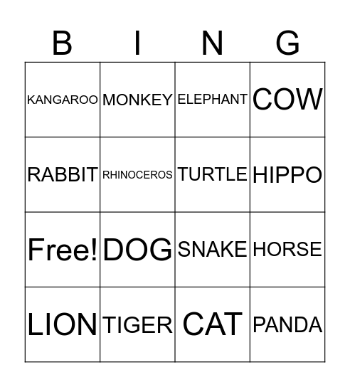 ANIMALS Bingo Card